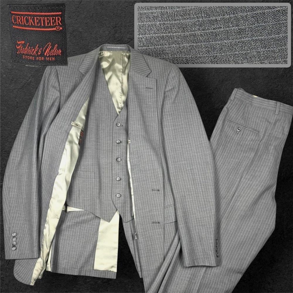 Vtg Cricketeer‎ 3 Piece Suit Mens 42L Grey Wool Pinstripe Union Made USA Mobster